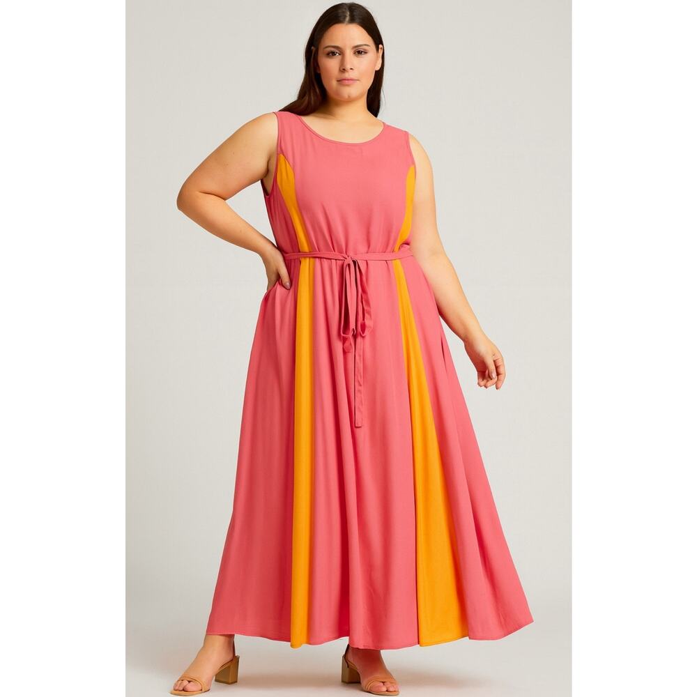 Jessica London Striped‎ Flyaway Fit Flare Maxi Dress Size 18 Plus Belt Flowy Fem